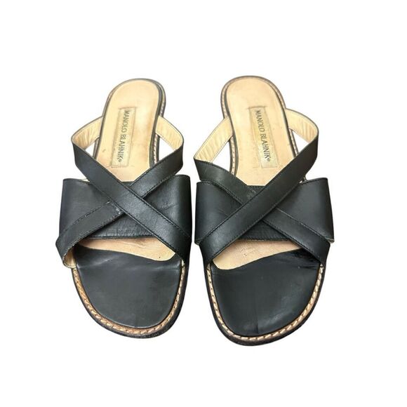Manolo Blahnik Sandal Slide Flats Black  Leather Women's  351/2 - Picture 1 of 6